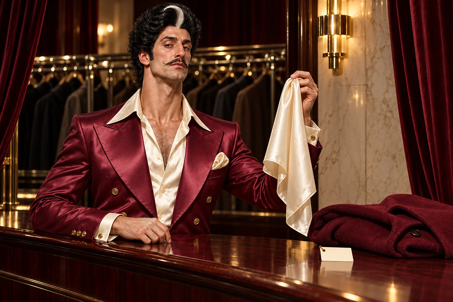 Dante at an elegant coat-check desk, presenting a cream silk scarf with elaborate ceremony.