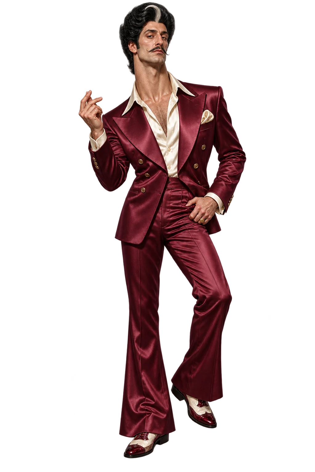 Dante Durante, an original eccentric gentleman with tall black hair, a silver streak and a curled moustache, dancing in a burgundy satin suit and two-tone burgundy and cream shoes.