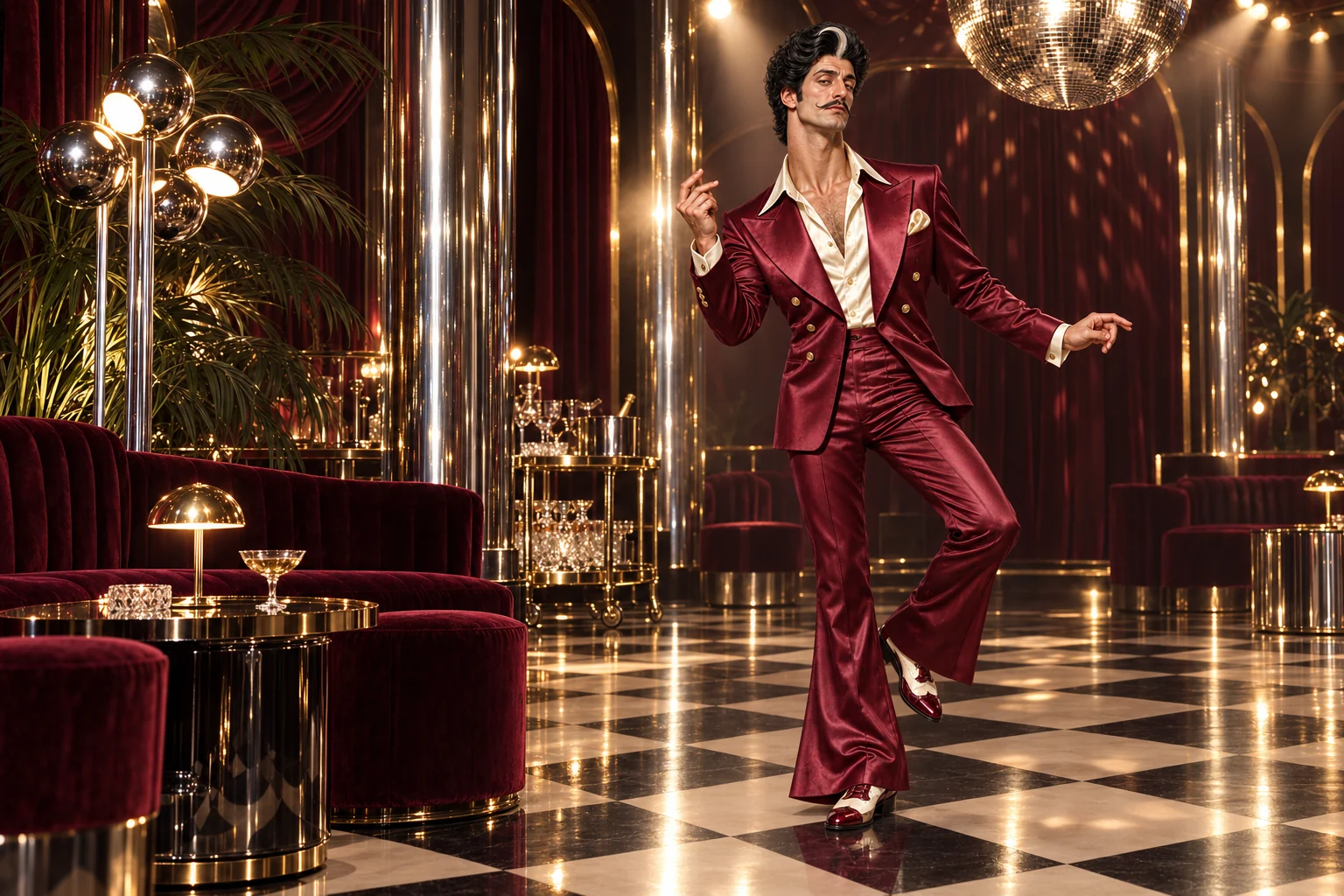 Dante making a grand dance-floor appearance in a richly decorated burgundy club with velvet curtains, warm lights and chrome details.