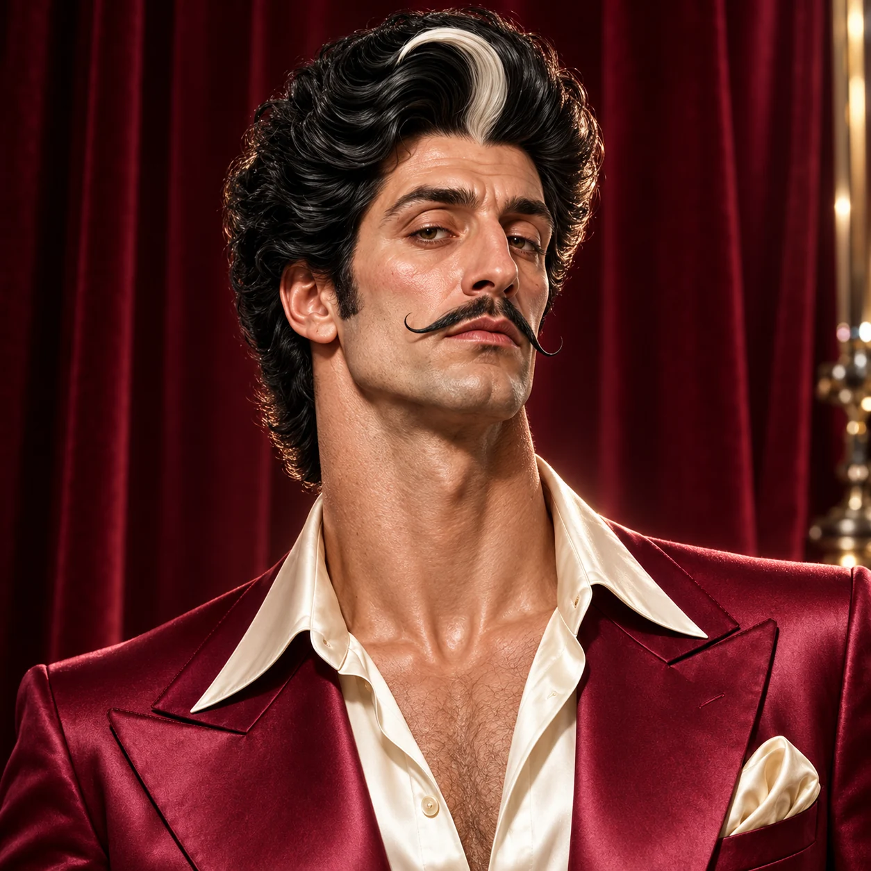 Square token portrait of Dante Durante, with a curled moustache, large black and silver coiffure and burgundy satin suit.